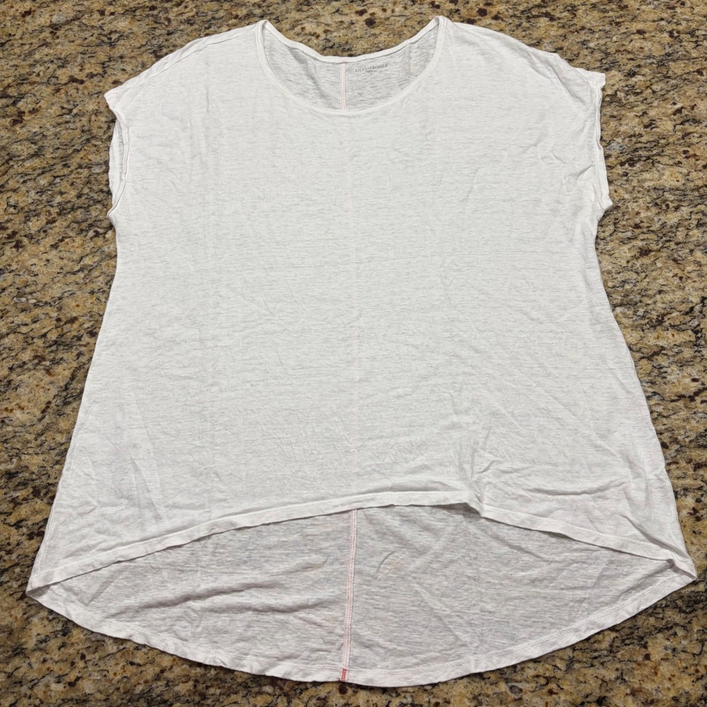 Eileen Fisher Women Large White Slub Knit High Low Short Sleeve Top Red ws
